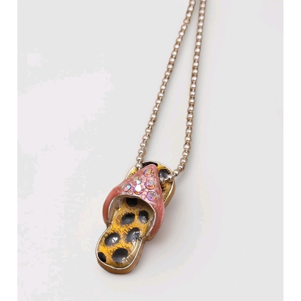 JCM Flip Flop Sandal Necklace Leopard Pink Rhinestone Beach Pendant